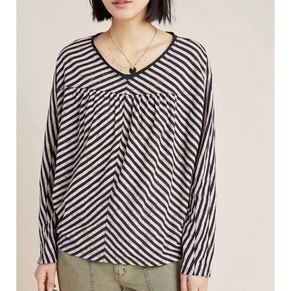 Anthropologie Pilar V-neck Black Lack Relaxed Fit casual top size medium - Picture 2 of 13